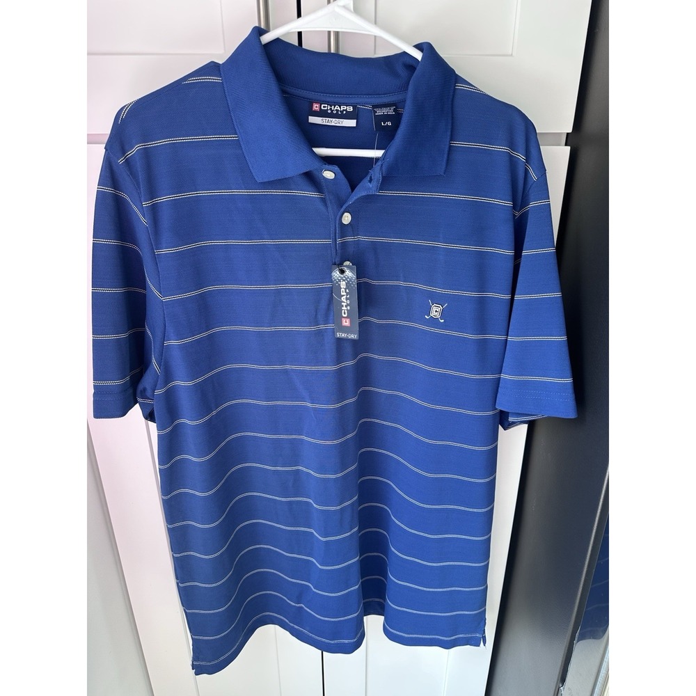 Chaps Golf Men's L Polo Shirt Stay Dry Striped Short Sleeve Blue &‎ White 0285